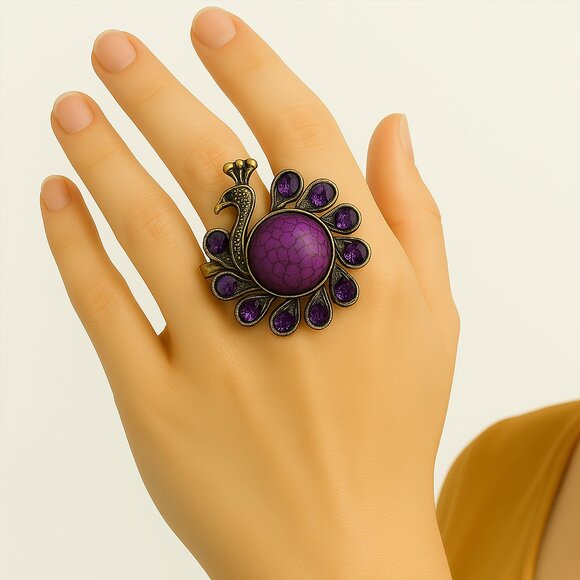 Vintage Peacock Ring – Purple Gemstones & Center Stone, Adjustable Women Jewelry - Picture 1 of 10